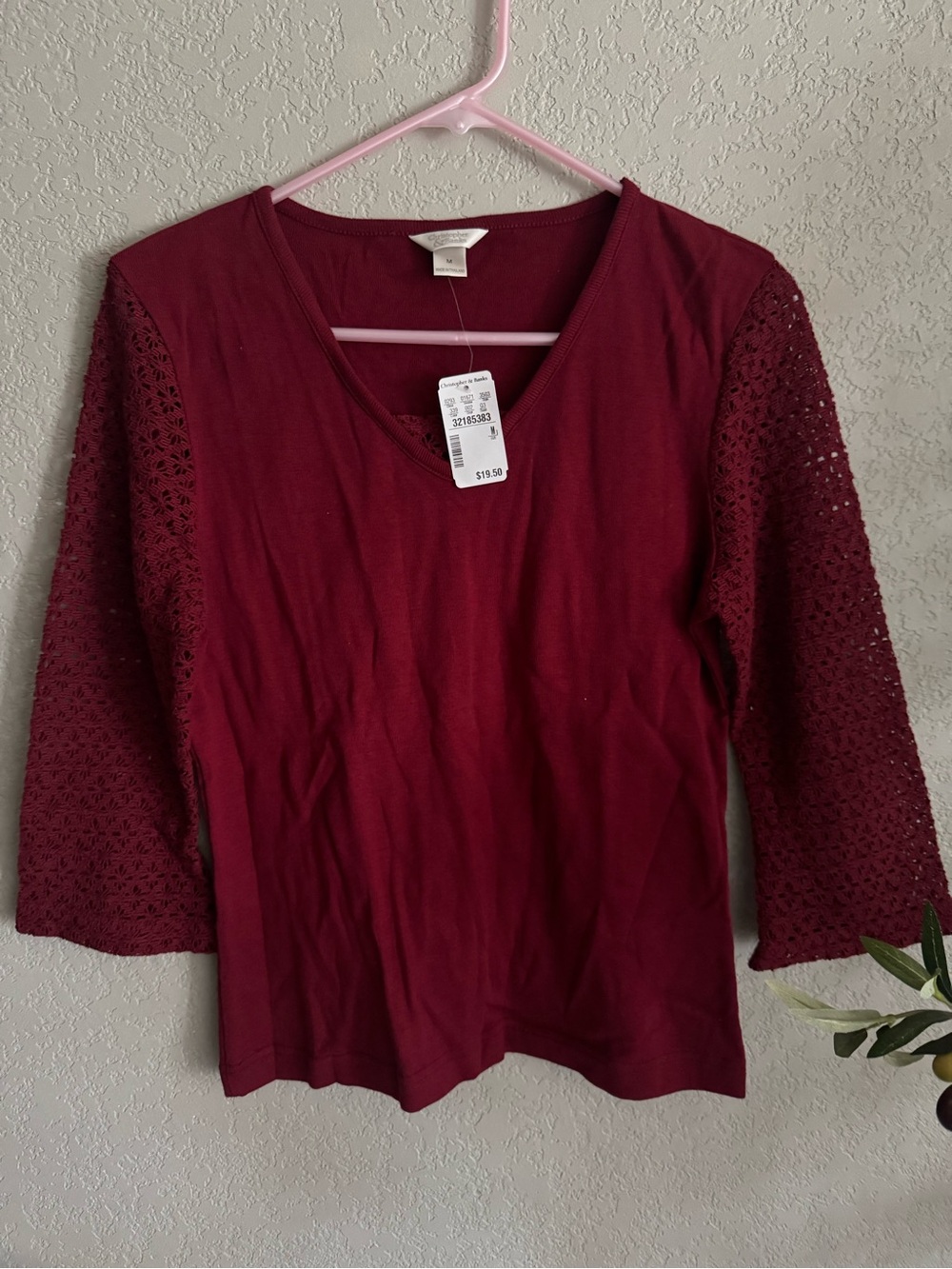 Christopher & Banks Top Womens M Burgundy V Neck Crochet Lace 3/4 Sleeve NWT